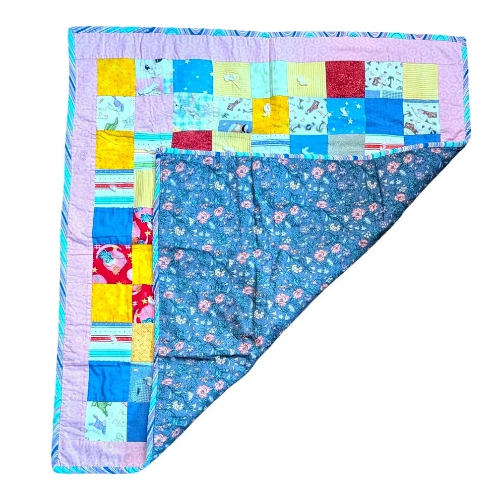 Handmade‎ Patchwork Baby Quilt Multi Color Animal Floral Reversible 34x37
